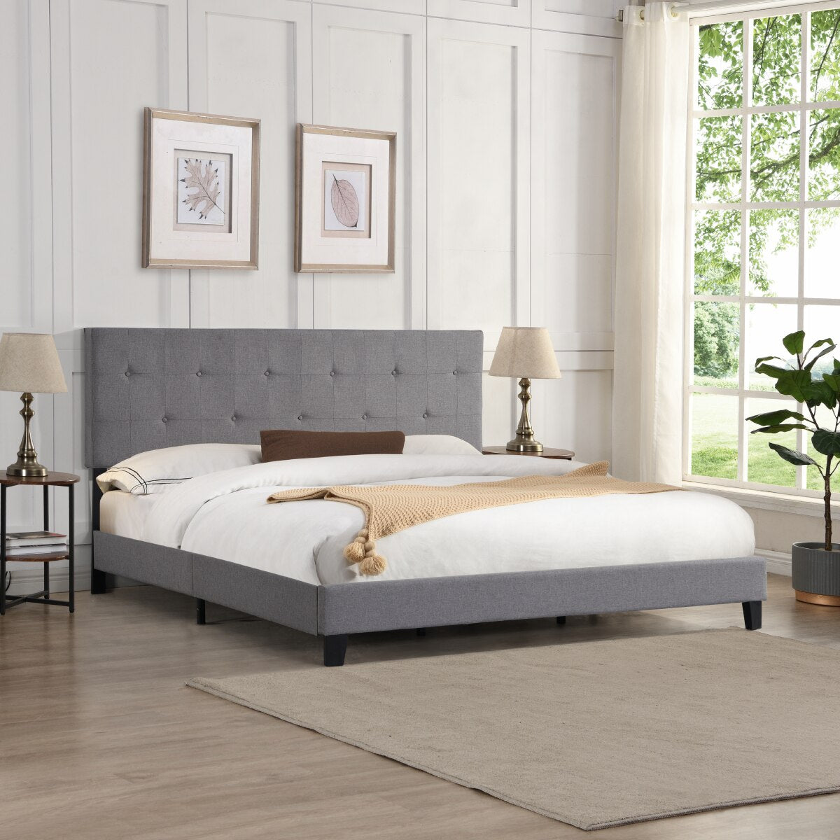 King Size Upholstered Platform Bed Frame with Button Tufted Linen Fabric Headboard Wood Slat Support Easy Assembly Gray[US-W]