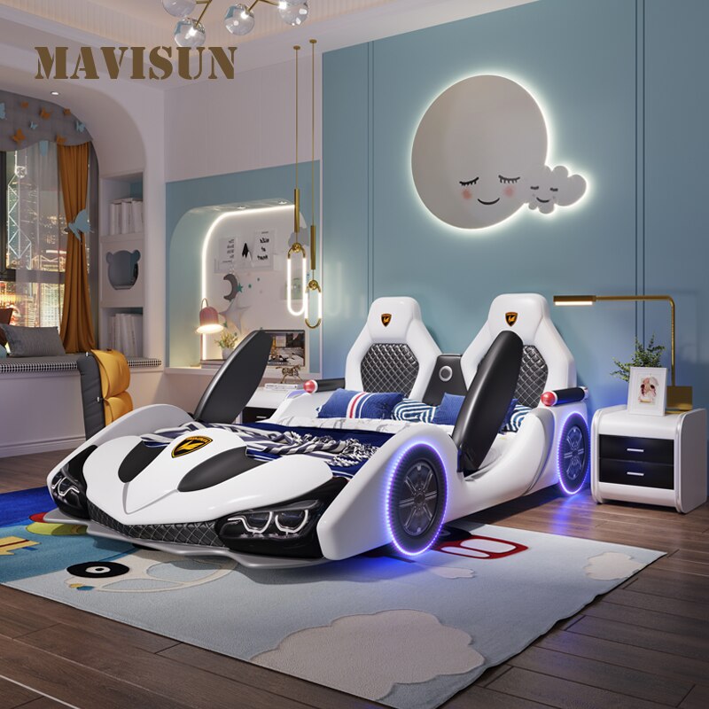 Bed For Kid Cool Car Shape 1.2m Cartoon Furniture with Guardrail Simulation Design Leather Solid Wood Frame Child Bed for Boys