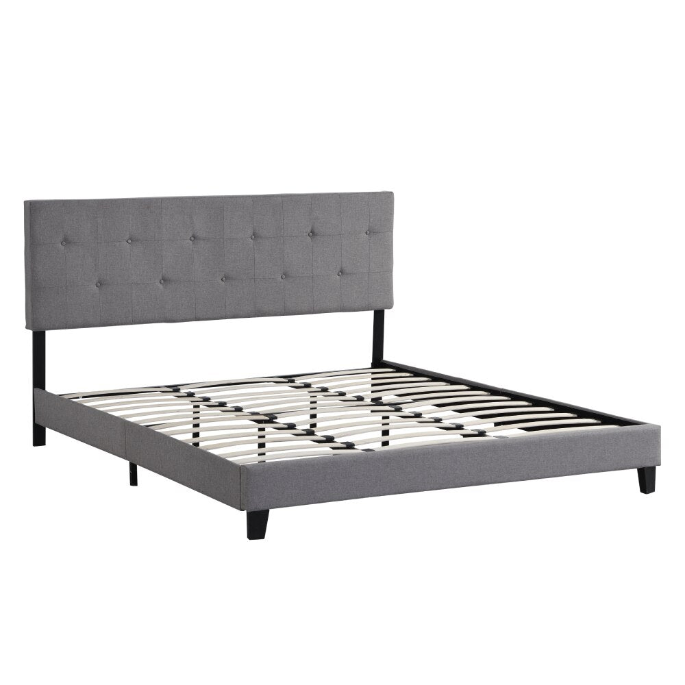 King Size Upholstered Platform Bed Frame with Button Tufted Linen Fabric Headboard Wood Slat Support Easy Assembly Gray[US-W]