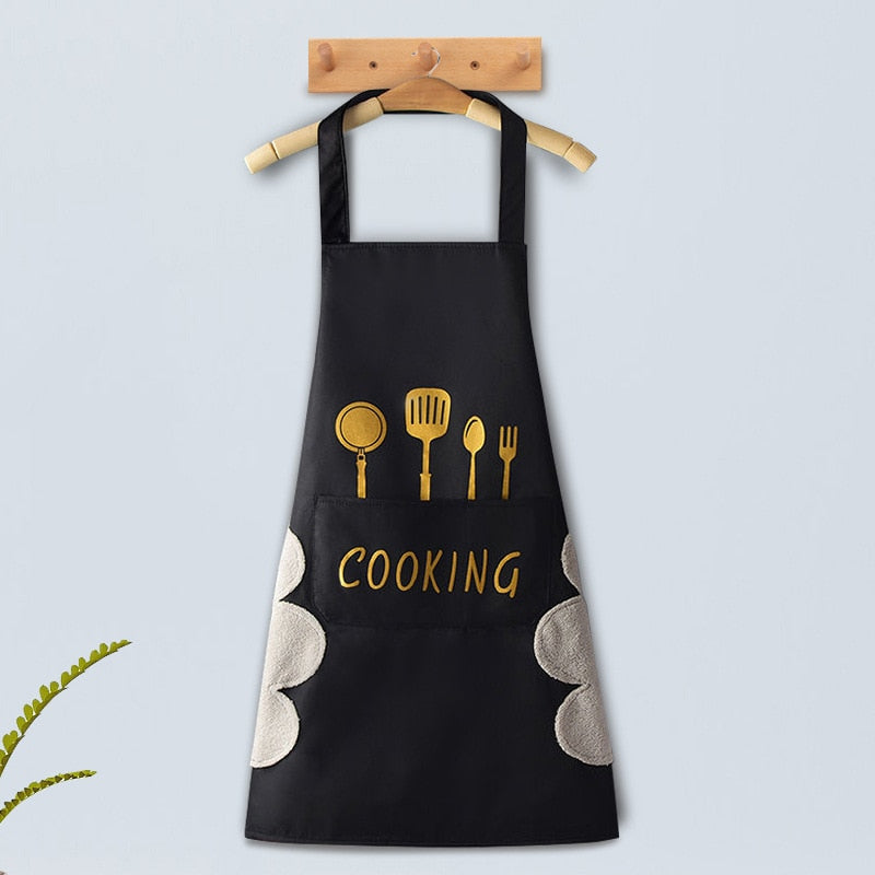 Cooking Pattern PVC Women Wipeable Kitchen Apron Enlarged Pocket Waterproof Oil-Proof Coffee Pinafore Cooking Baking  Adult Bib