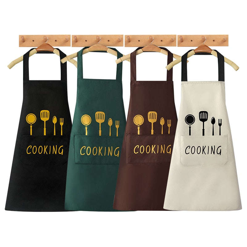 Cooking Pattern PVC Women Wipeable Kitchen Apron Enlarged Pocket Waterproof Oil-Proof Coffee Pinafore Cooking Baking  Adult Bib