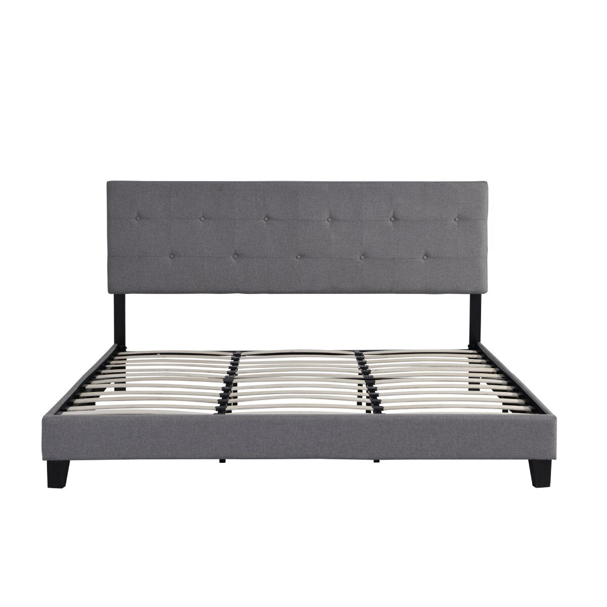 King Size Upholstered Platform Bed Frame with Button Tufted Linen Fabric Headboard Wood Slat Support Easy Assembly Gray[US-W]