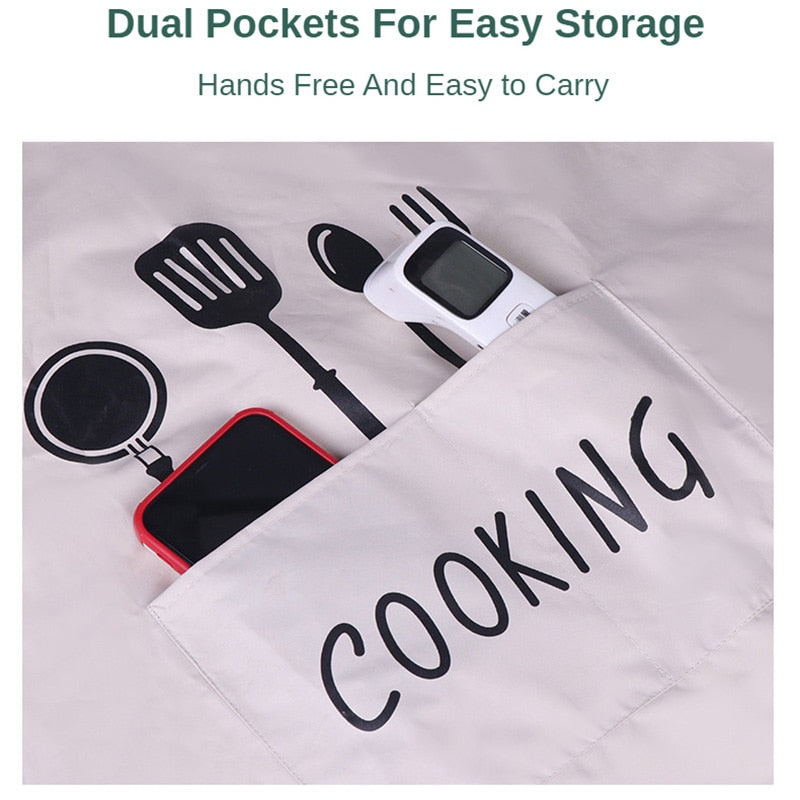 Cooking Pattern PVC Women Wipeable Kitchen Apron Enlarged Pocket Waterproof Oil-Proof Coffee Pinafore Cooking Baking  Adult Bib