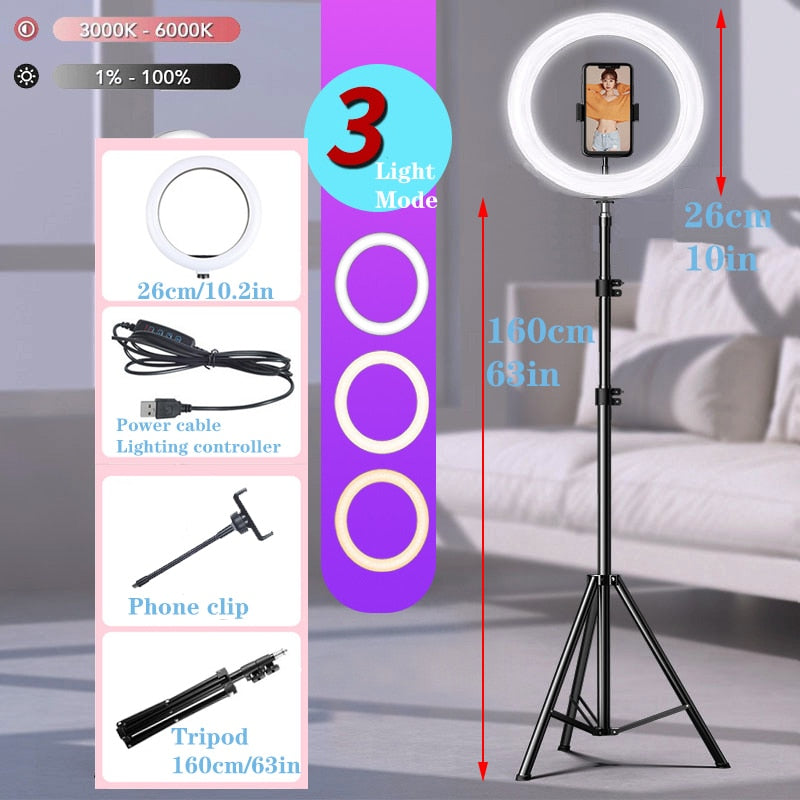 10" LED Selfie Ring Light  Circle Fill Light Dimmable Round Lamp Tripod Trepied Makeup Photography RingLight Phone Stand Holder