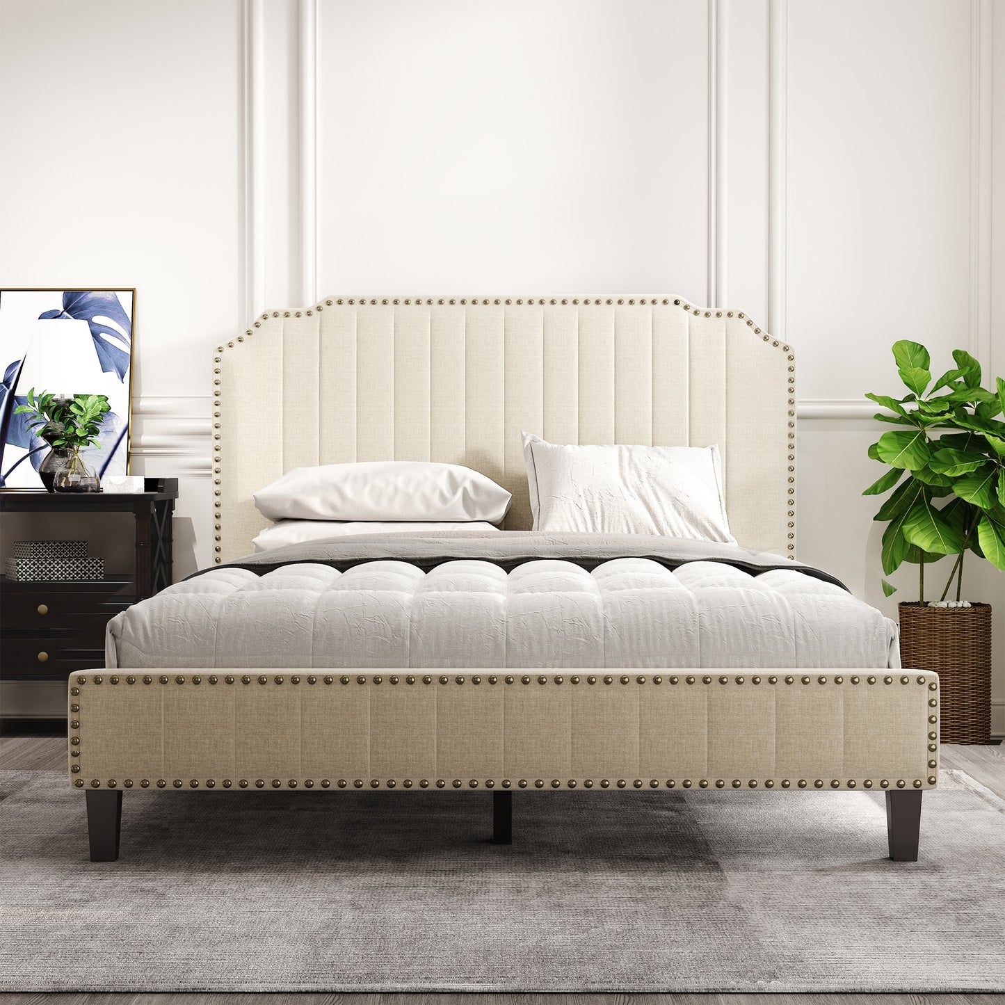 TWIN/FULL /KING/QUEEN Size Modern Linen Curved Upholstered Platform Bed  Solid Wood Frame Nailhead Trim