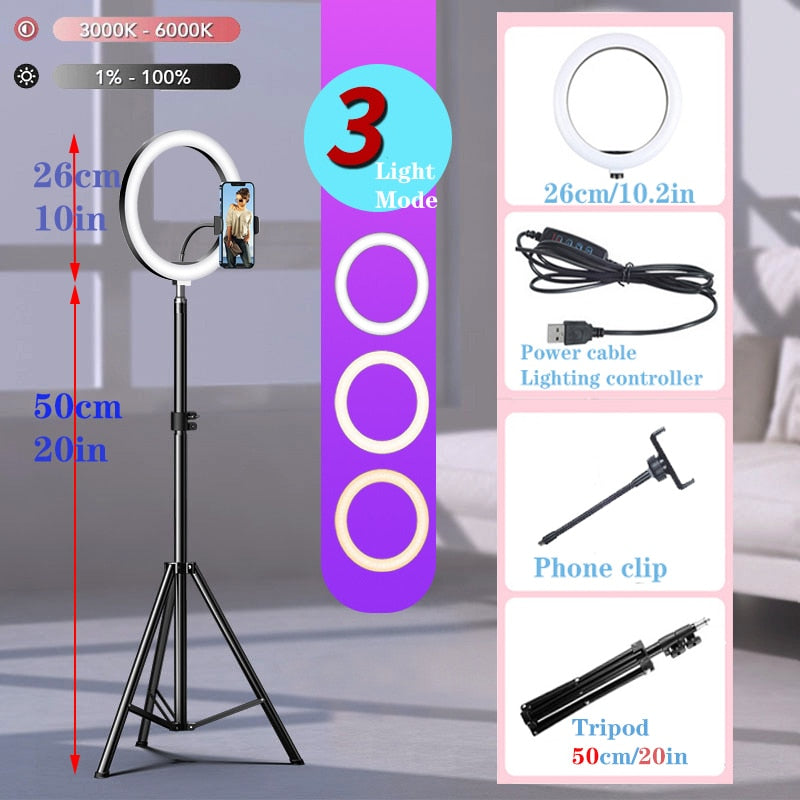 10" LED Selfie Ring Light  Circle Fill Light Dimmable Round Lamp Tripod Trepied Makeup Photography RingLight Phone Stand Holder