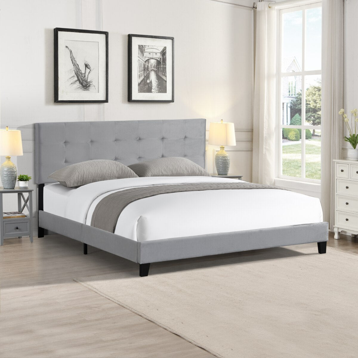 King Size Upholstered Platform Bed Frame with Button Tufted Linen Fabric Headboard Wood Slat Support Easy Assembly Gray[US-W]