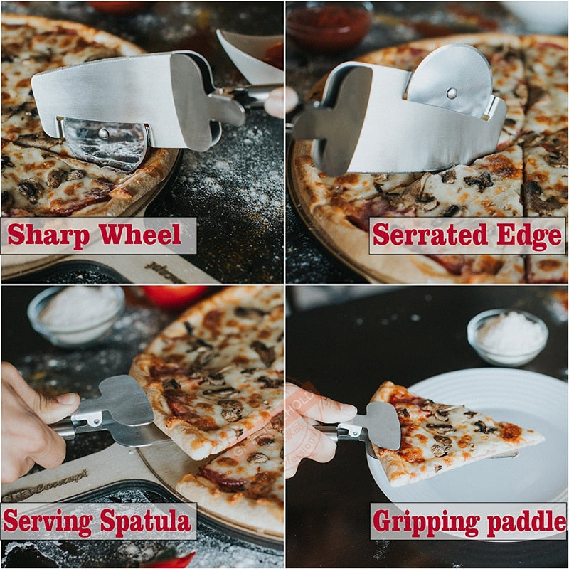 LMETJMA 4 in 1 Pizza Cutter Wheel Stainless Steel Pizza Cutter Pizza Knife Serving Spatula Gripping Paddle Pizza Tools KC0081