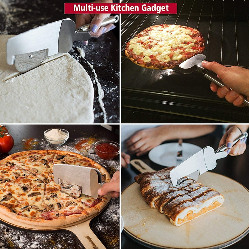 LMETJMA 4 in 1 Pizza Cutter Wheel Stainless Steel Pizza Cutter Pizza Knife Serving Spatula Gripping Paddle Pizza Tools KC0081