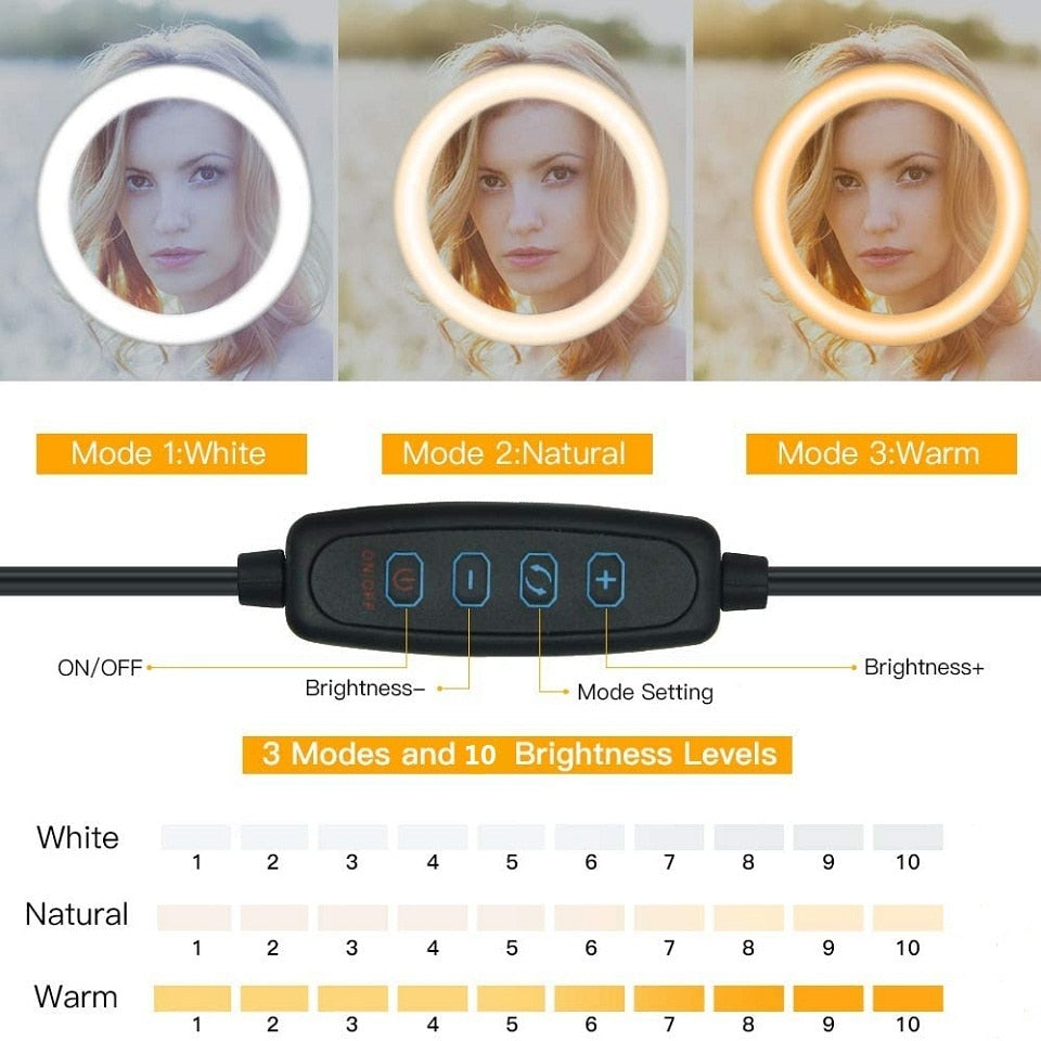 10" LED Selfie Ring Light  Circle Fill Light Dimmable Round Lamp Tripod Trepied Makeup Photography RingLight Phone Stand Holder