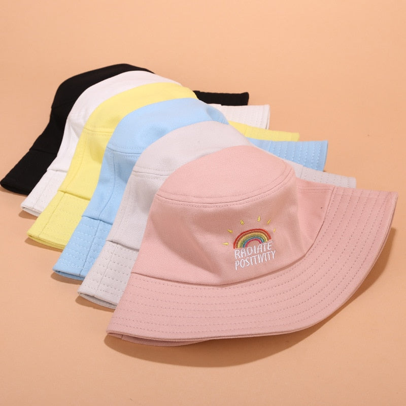 Rainbow Bucket Hat Embroidery Women Fashion Beach Sun Hats 100% Cotton Bob Chapeau Femme Panama Hat Fisherman Hat