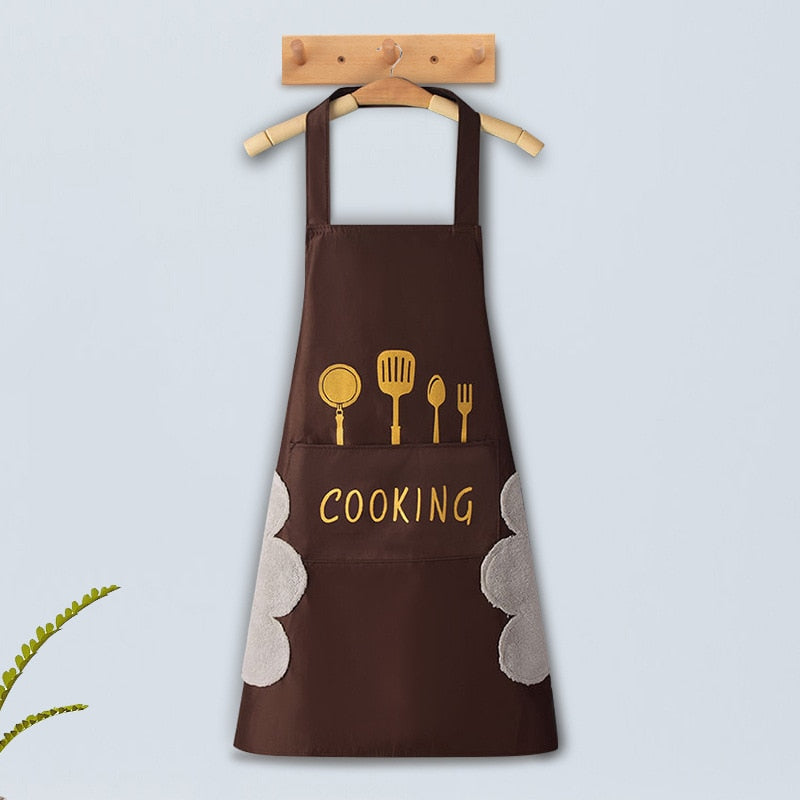 Cooking Pattern PVC Women Wipeable Kitchen Apron Enlarged Pocket Waterproof Oil-Proof Coffee Pinafore Cooking Baking  Adult Bib