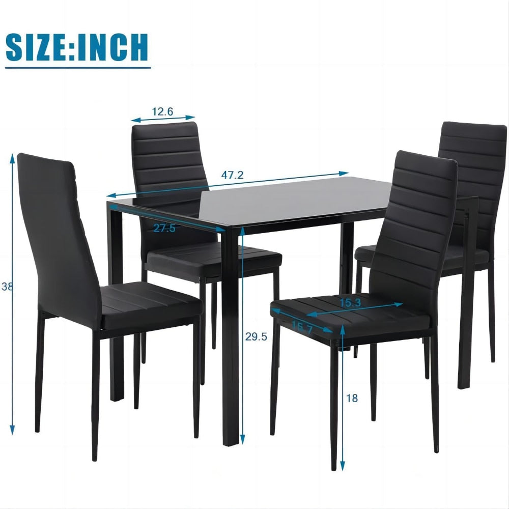 BOUSSAC 5 Pieces Dining Room Set Tempered Glass Dining Table with 4 Chairs, Black