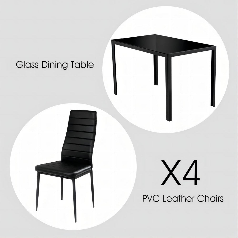 BOUSSAC 5 Pieces Dining Room Set Tempered Glass Dining Table with 4 Chairs, Black