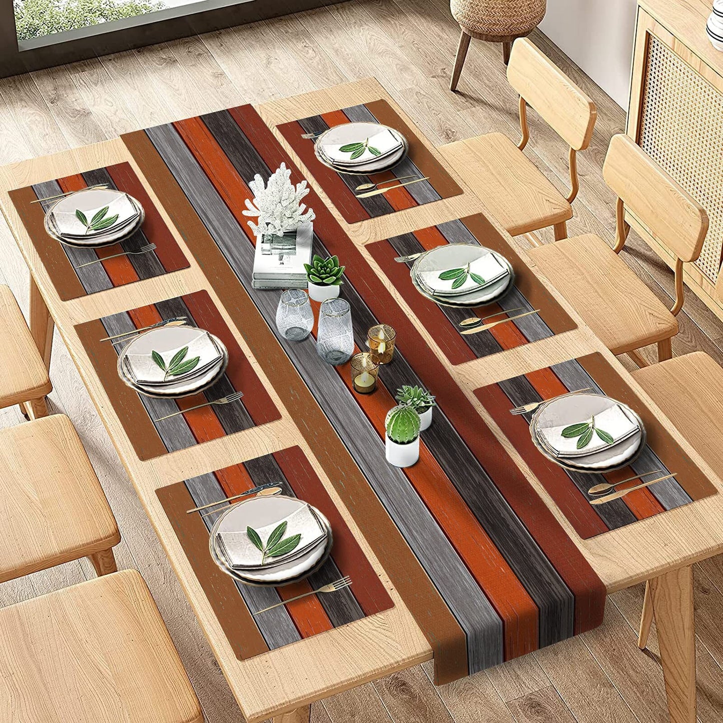 Farmhouse Wood Texture Table Runner Placemats Combination Set Wedding Party Event Dining Table Decoration Hotel Home Tablecloth