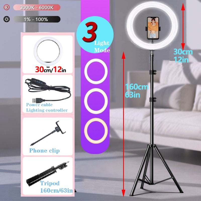 10" LED Selfie Ring Light  Circle Fill Light Dimmable Round Lamp Tripod Trepied Makeup Photography RingLight Phone Stand Holder