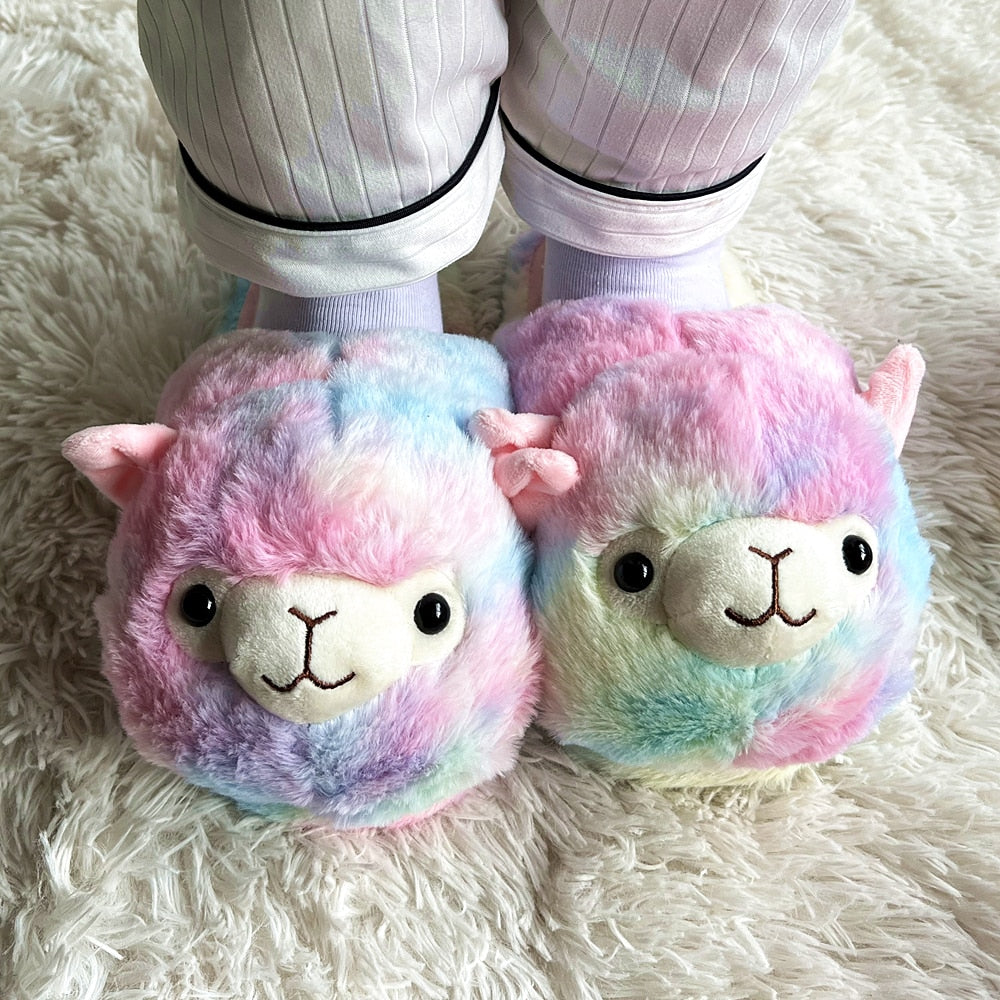 Cute Cartoon Alpaca House Women Fur Slippers Winter Warm Plush Parent-Child Floor Slides Indoor Bedroom Girls Fluffy Slippes