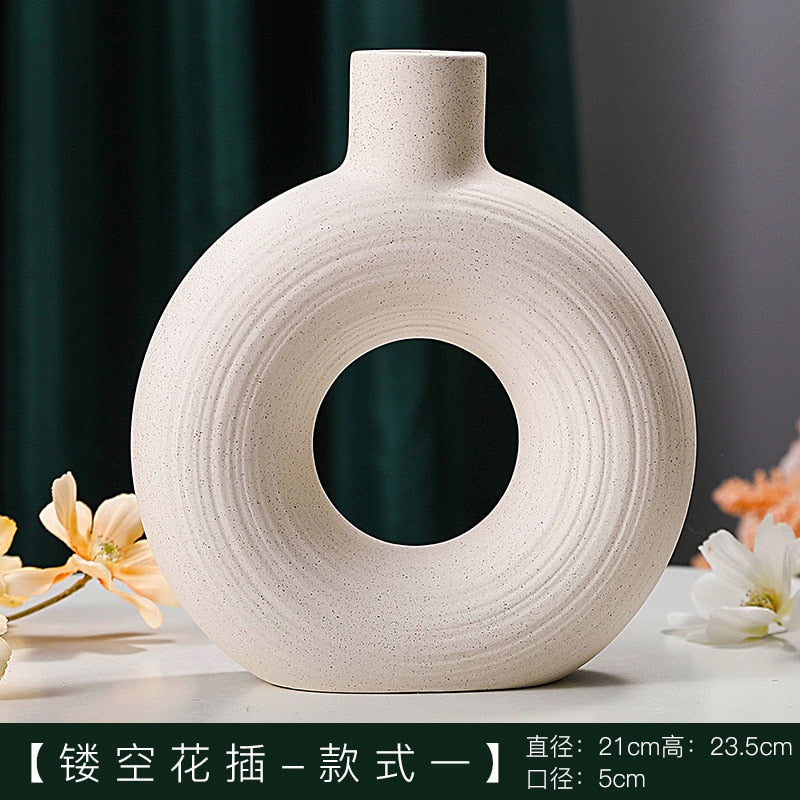 Nordic Ceramic Vase Circular Hollow Donuts Flower Pot Home Living Room Decoration Accessories Interior Office Desktop Decor Gift