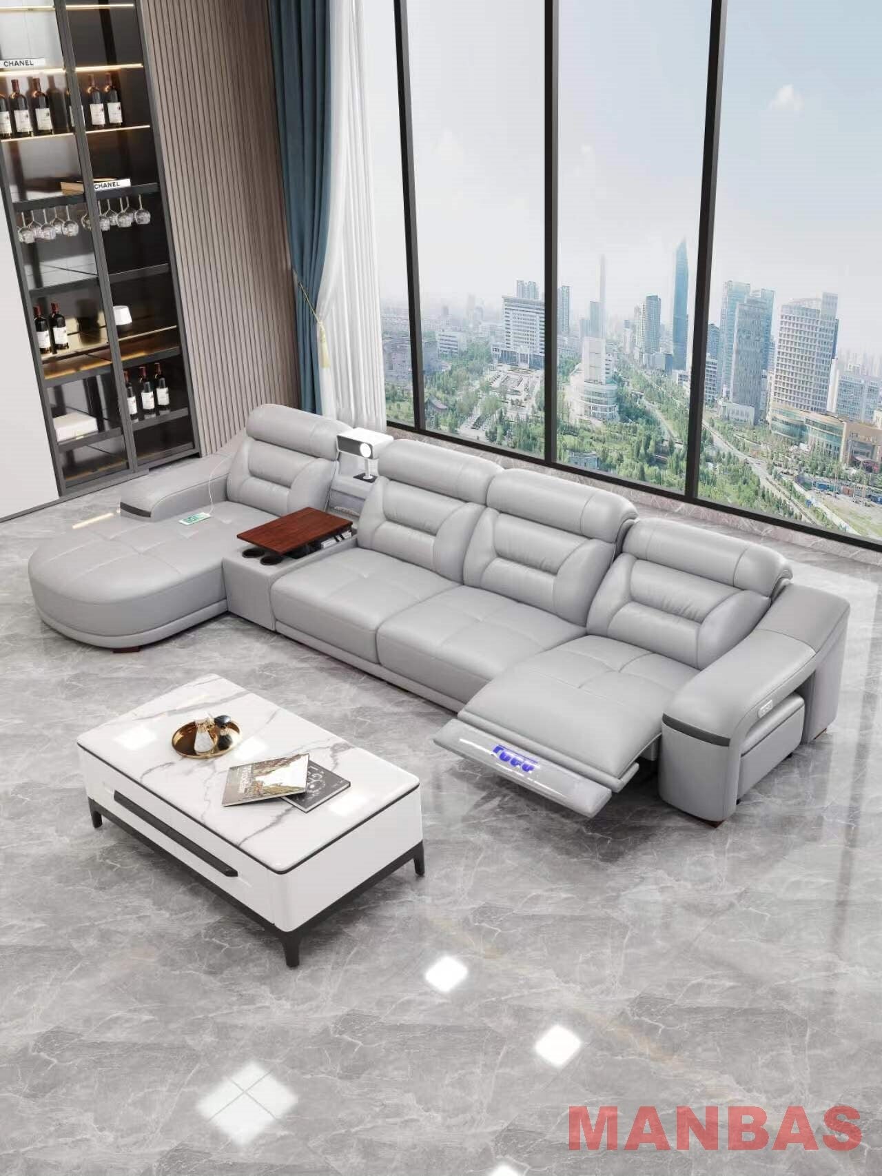 Italian Genuine Leather Sectional Sofa Set with Electric Recliner, Bluetooth Speaker and Projector By Linlamlim Livingroom Couch