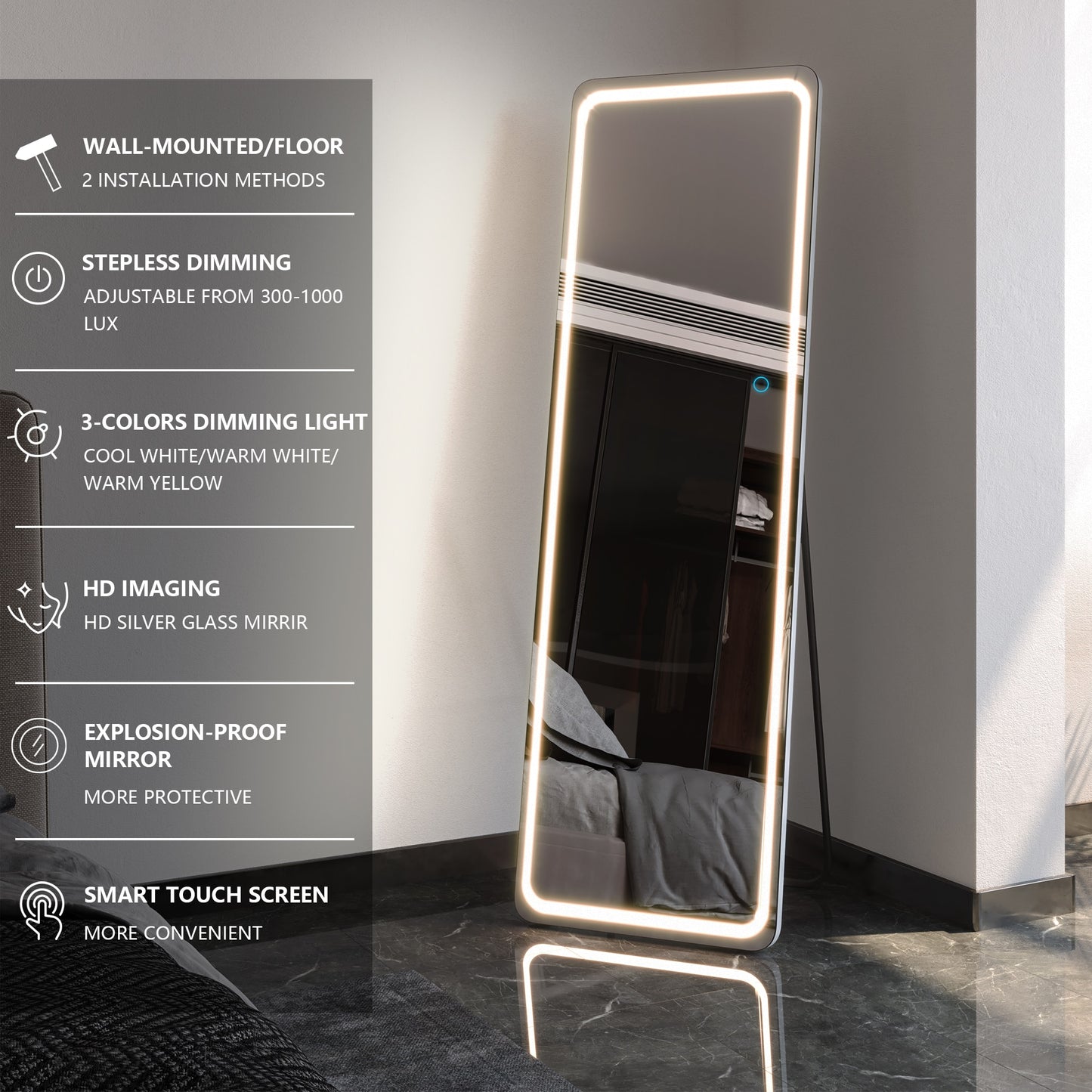 KingYee Led Full Length Mirror, Wall & Floor Mirror, Standing Mirror, Hanging Mirror, Full Body Mirror Large and Tall