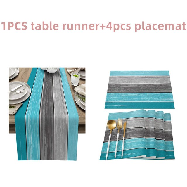 Farmhouse Wood Texture Table Runner Placemats Combination Set Wedding Party Event Dining Table Decoration Hotel Home Tablecloth