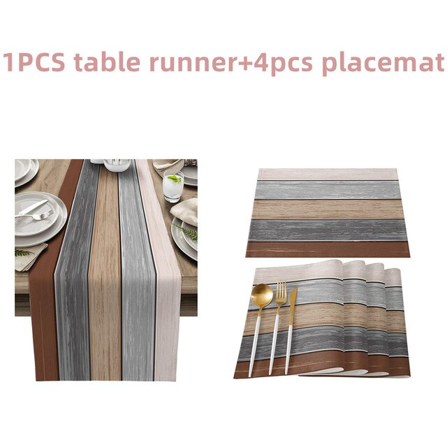 Farmhouse Wood Texture Table Runner Placemats Combination Set Wedding Party Event Dining Table Decoration Hotel Home Tablecloth