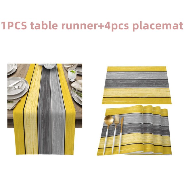 Farmhouse Wood Texture Table Runner Placemats Combination Set Wedding Party Event Dining Table Decoration Hotel Home Tablecloth