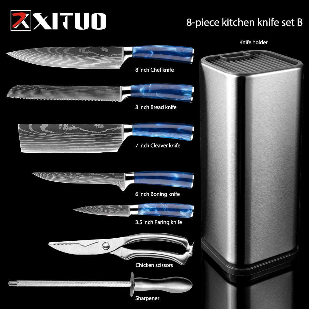 XITUO Kitchen Chef Set 4-8PCS set  Knife Stainless Steel Knife Holder Santoku Utility Cut Cleaver Bread Paring Knives Scissors