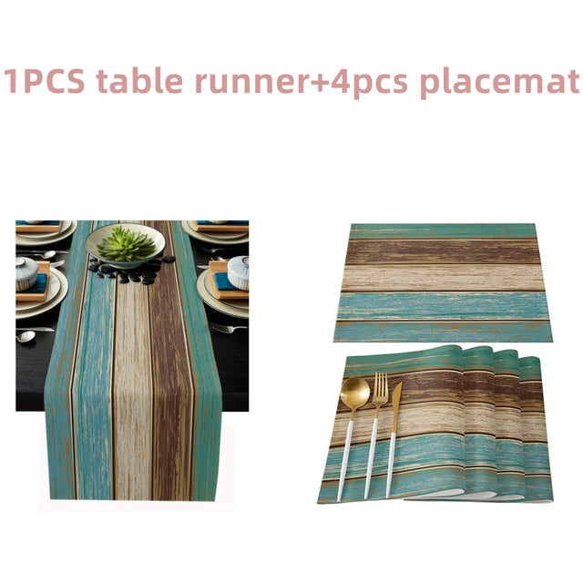 Farmhouse Wood Texture Table Runner Placemats Combination Set Wedding Party Event Dining Table Decoration Hotel Home Tablecloth