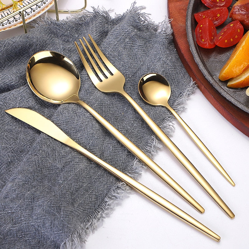 4pcs Golden Cutlery Tableware Stainless Steel Spoon and Fork Set Dining Table Sets Dinnerware Set Utensils Kitchen Accessories