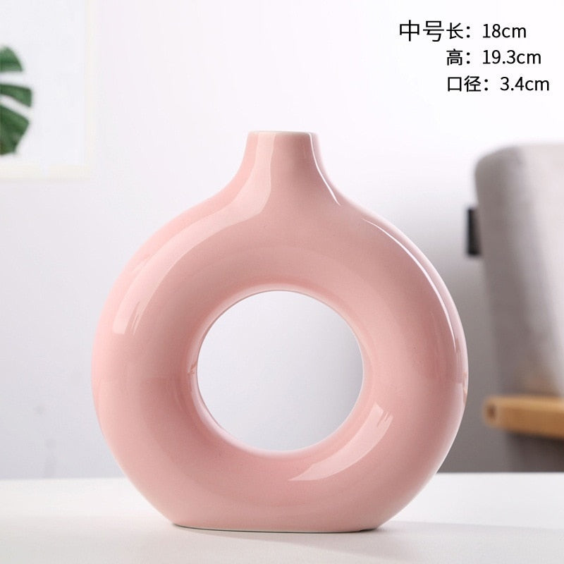 Nordic Ceramic Vase Circular Hollow Donuts Flower Pot Home Living Room Decoration Accessories Interior Office Desktop Decor Gift