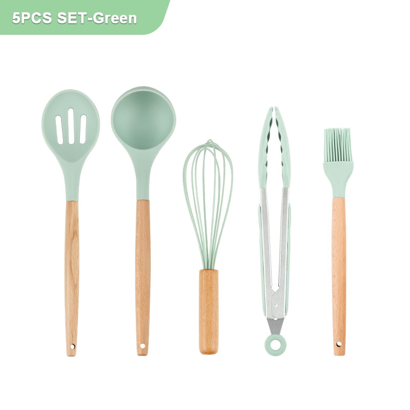 Silicone Kitchen Utensils Set Non-Stick Cookware for Kitchen Wooden Handle Spatula Egg Beaters Kitchenware Kitchen Accessories