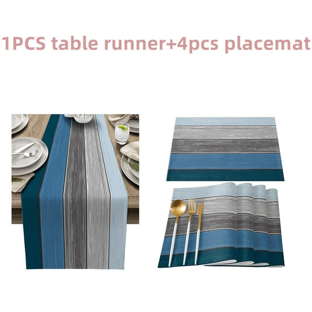 Farmhouse Wood Texture Table Runner Placemats Combination Set Wedding Party Event Dining Table Decoration Hotel Home Tablecloth