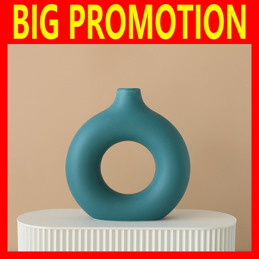 Nordic Ceramic Vase Circular Hollow Donuts Flower Pot Home Living Room Decoration Accessories Interior Office Desktop Decor Gift