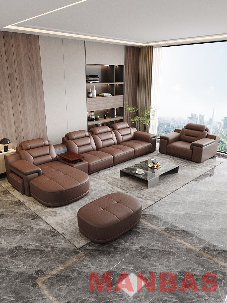 Italian Genuine Leather Sectional Sofa Set with Electric Recliner, Bluetooth Speaker and Projector By Linlamlim Livingroom Couch