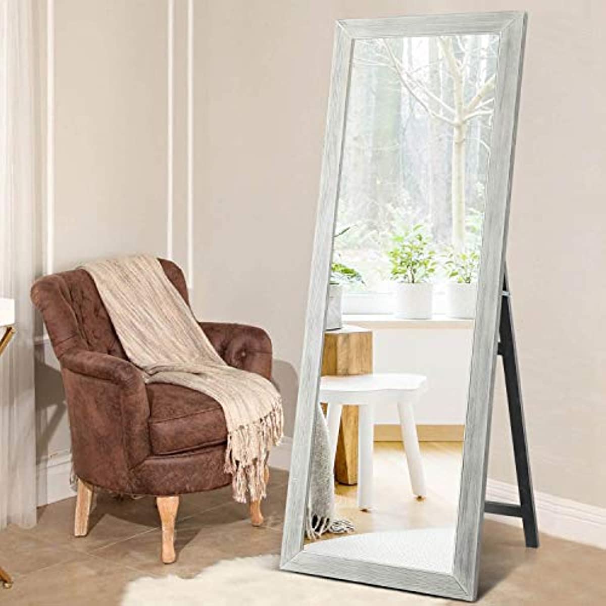 Rustic Tall Floor Mirror Wall Mirror Standing or Leaning Against Wall for Bedroom, Dressing and Wall-Mounted - Grayish White