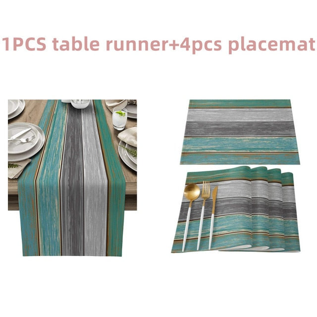 Farmhouse Wood Texture Table Runner Placemats Combination Set Wedding Party Event Dining Table Decoration Hotel Home Tablecloth