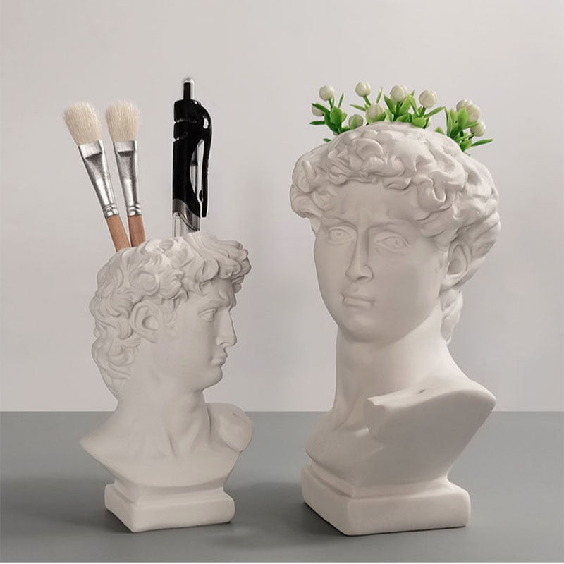 Creative Art Flower Pot Makeup Brush Storage Pen Holder David Statue Resin Medici Vase Desktop Organizer Home Decor Ornaments