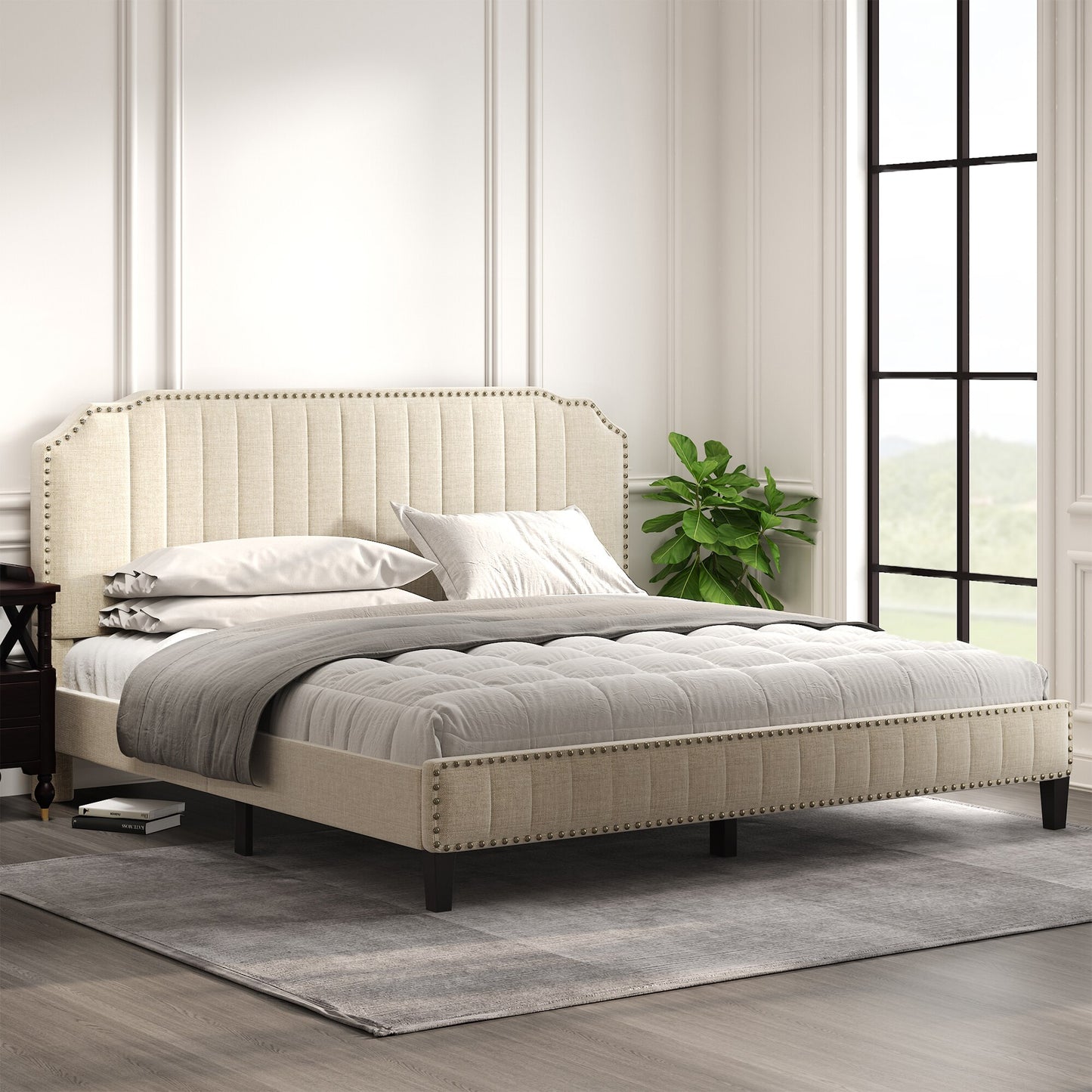 TWIN/FULL /KING/QUEEN Size Modern Linen Curved Upholstered Platform Bed  Solid Wood Frame Nailhead Trim