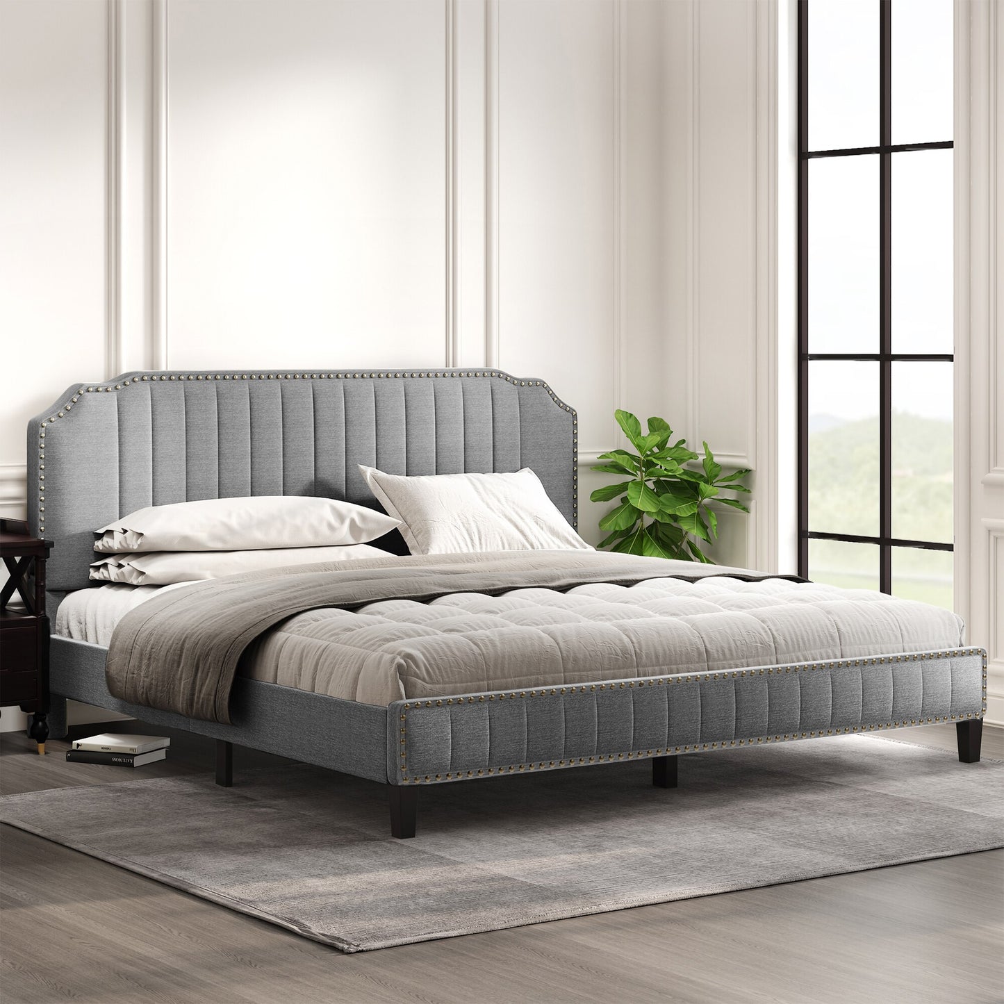 TWIN/FULL /KING/QUEEN Size Modern Linen Curved Upholstered Platform Bed  Solid Wood Frame Nailhead Trim