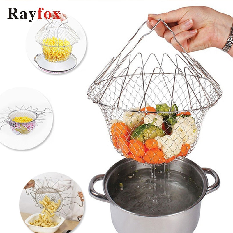 Stainless Steel Kitchen Accessories Tools Foldable Fruit Vegetable Washing Basket Steam Fry Food Creative Kitchen Cooking Gadget