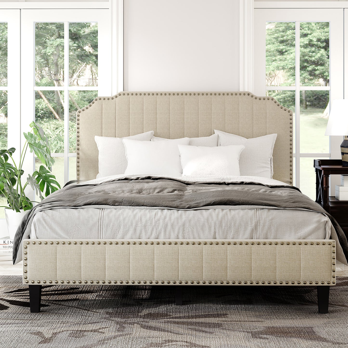 TWIN/FULL /KING/QUEEN Size Modern Linen Curved Upholstered Platform Bed  Solid Wood Frame Nailhead Trim