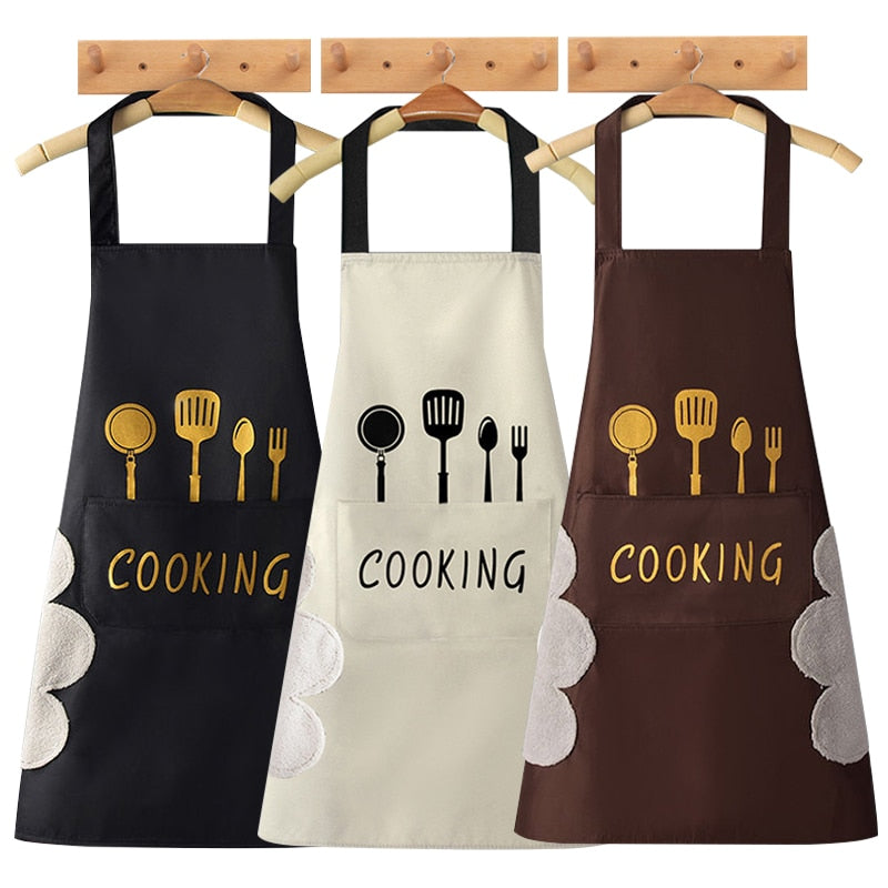 Cooking Pattern PVC Women Wipeable Kitchen Apron Enlarged Pocket Waterproof Oil-Proof Coffee Pinafore Cooking Baking  Adult Bib