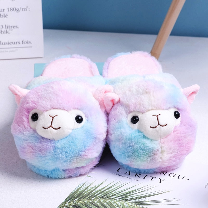 Cute Cartoon Alpaca House Women Fur Slippers Winter Warm Plush Parent-Child Floor Slides Indoor Bedroom Girls Fluffy Slippes