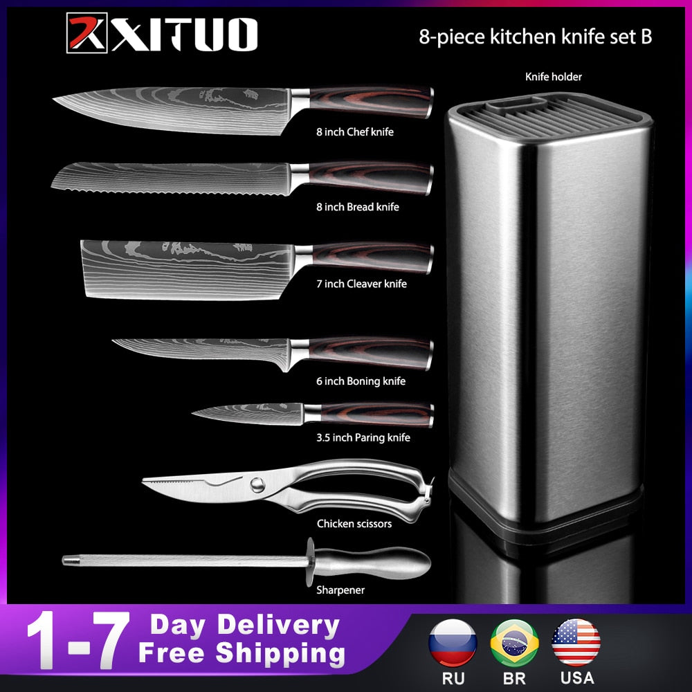 XITUO Kitchen Chef Set 4-8PCS set  Knife Stainless Steel Knife Holder Santoku Utility Cut Cleaver Bread Paring Knives Scissors