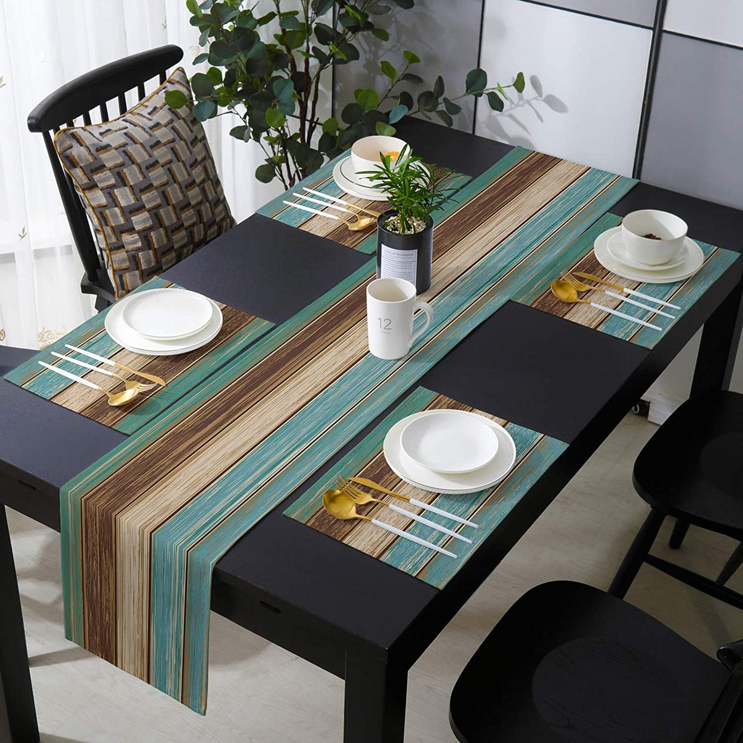 Farmhouse Wood Texture Table Runner Placemats Combination Set Wedding Party Event Dining Table Decoration Hotel Home Tablecloth